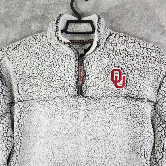 Womens Gray Three Square Faux Fur Sherpa Pullover Jacket 1/4 Zip OU Sooners L - Picture 4 of 11
